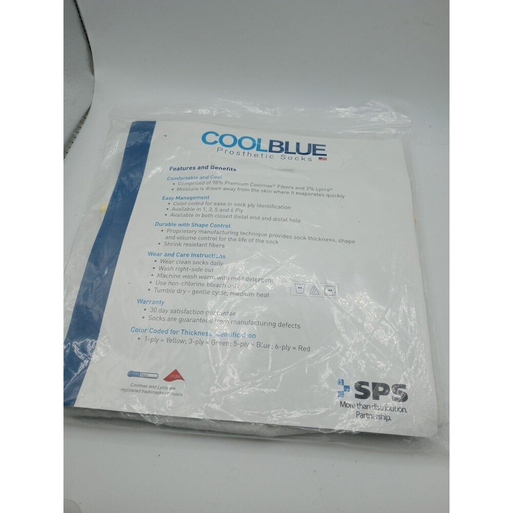 Cool Blue 1 Ply Yellow White Prosthetic Sock Sewn Hole Size 5 6 Length 10-14 NEW